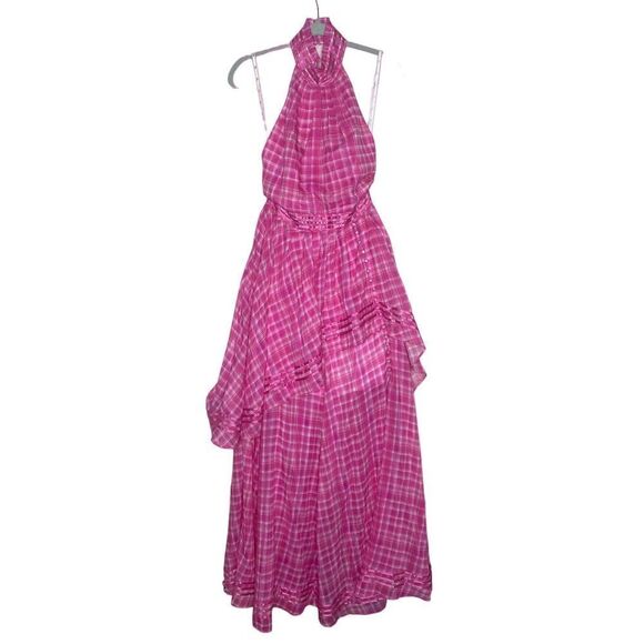 Aje Bungalow Sienna Halter Open Back Tiered Slit Maxi Dress Pink Size 8 Barbie - Picture 3 of 16